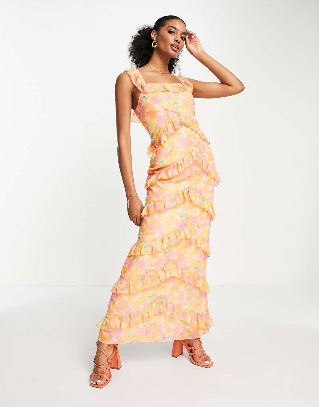 Pretty Lavish Cecile ruffle maxi dress in orange and pink abstract floral Product Image