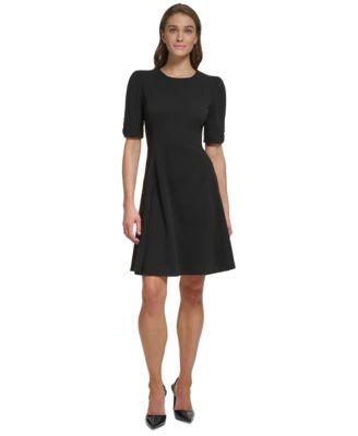 DKNY Petite Size Short Sleeve Crew Neck Scuba Crepe Fit and Flare Dress Product Image