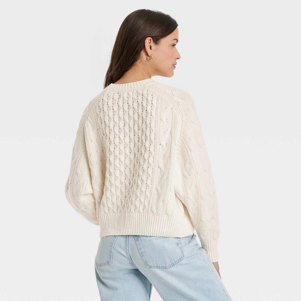 Womens Crewneck Cable Knit Pullover Sweater - Universal Thread Cream L Product Image