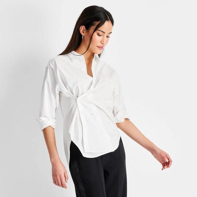 Womens Long Sleeve Collared Embellished Asymmetrical Button-Down Shirt - Future Collective White XL Product Image