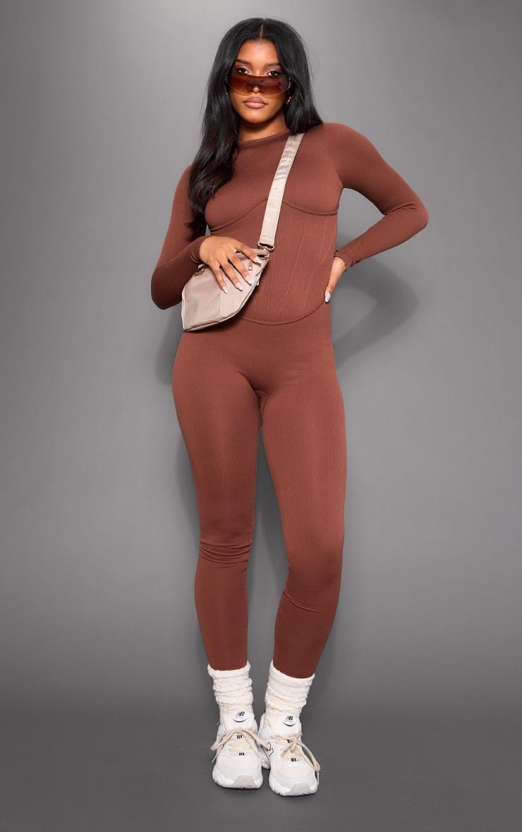 Chocolate Snatched Rib Long Sleeve Corset Detail Jumpsuit Product Image