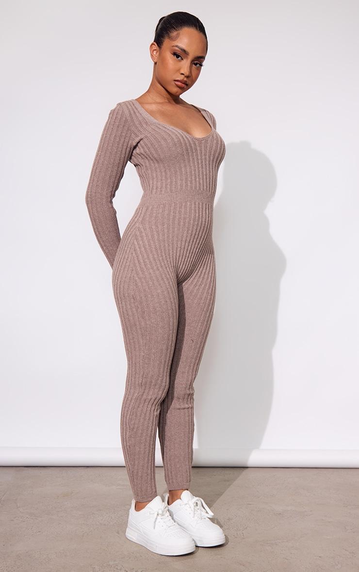 Petite Brown Long Sleeve Knit Jumpsuit Product Image