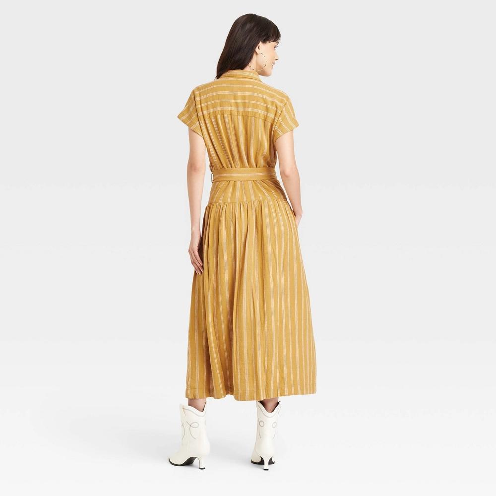 Women's Short Sleeve Belted Midi Shirtdress - Universal Thread™ Yellow Striped L Product Image