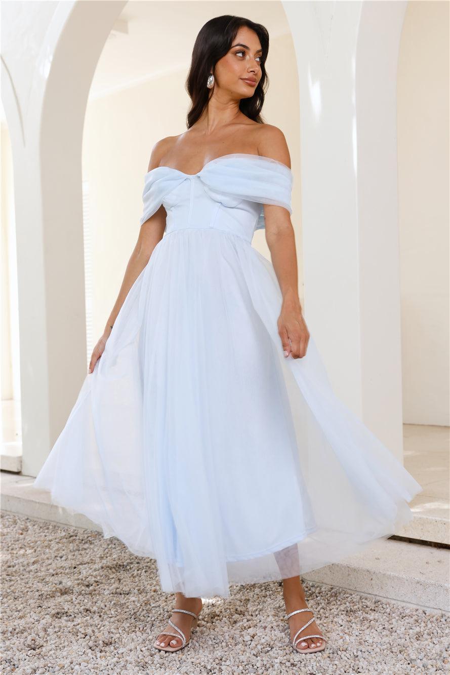 Something New Off Shoulder Tulle Midi Dress Blue product image