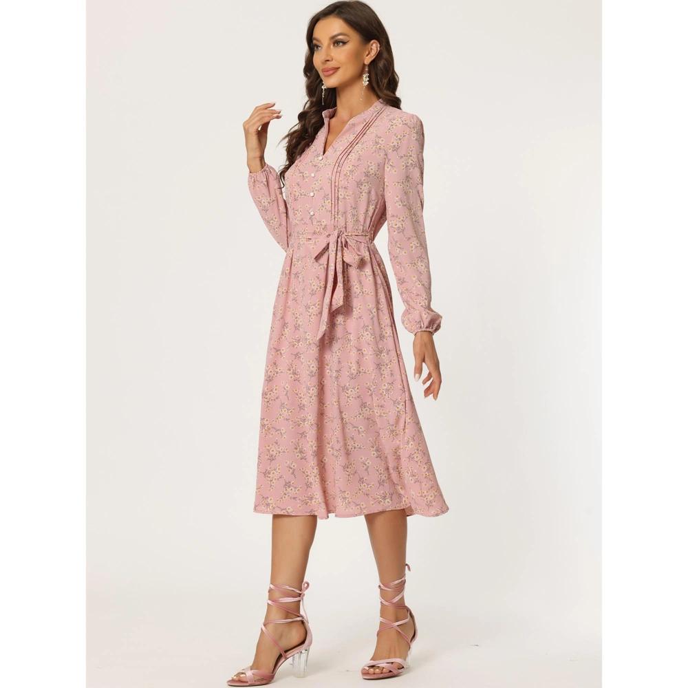 Allegra K Women's Floral Print Long Sleeve Back Tie Flowy Midi Boho Dress Pink Small Product Image