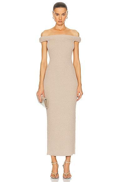 Toteme Off Shoulder Roll Knit Dress in Frost - Beige. Size XS (also in ). Product Image