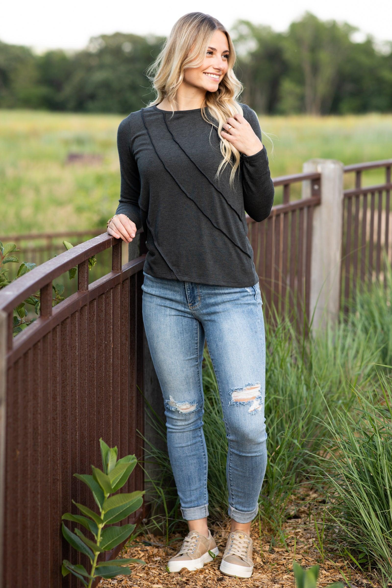 Charcoal Reverse Seam Long Sleeve Knit Top Product Image