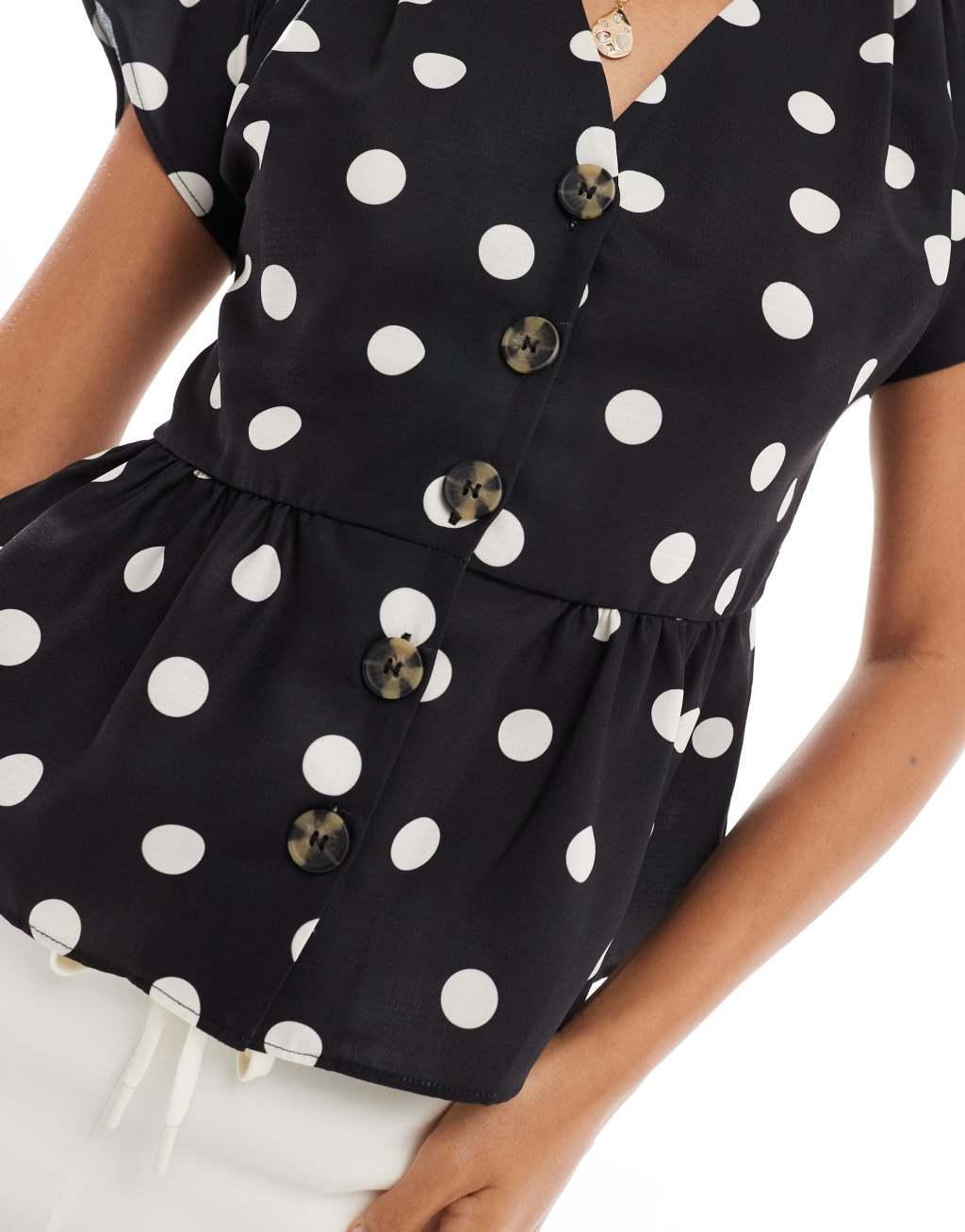 ASOS DESIGN linen look peplum button front top in mono spot Product Image