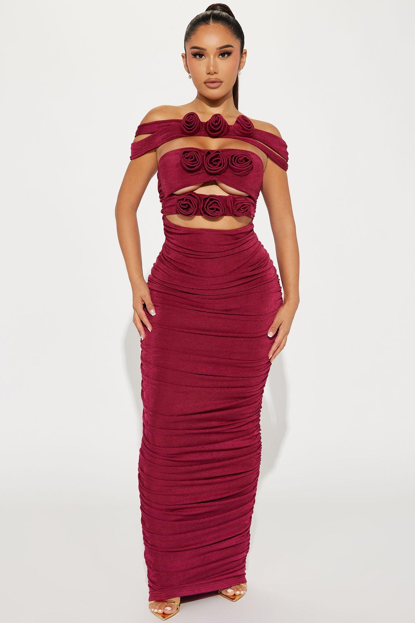 Sophia Rosette Maxi Dress - Burgundy Product Image