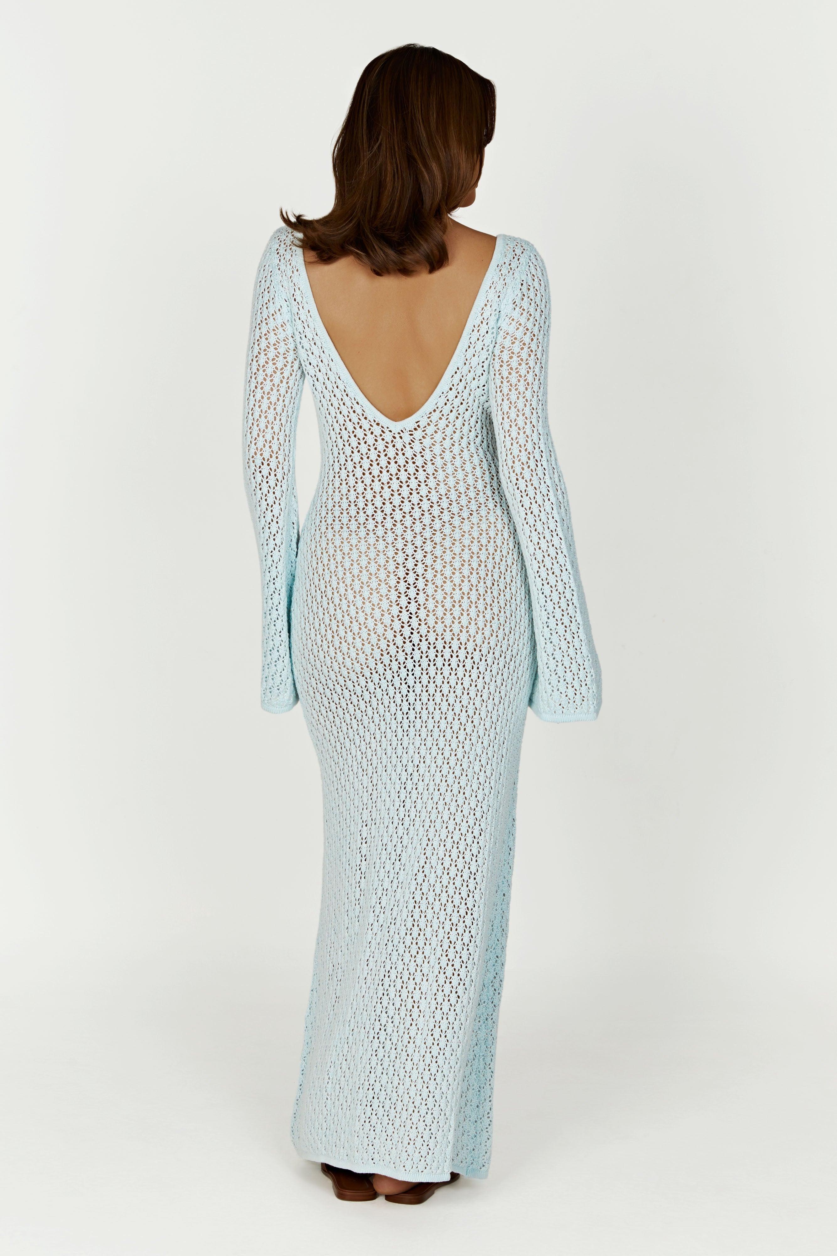 Kayleigh Crochet Fishtail Flare Sleeve Maxi Dress - Arctic Blue Product Image