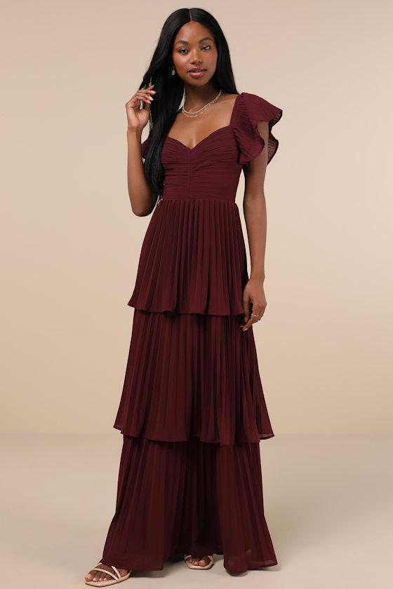 Notorious Charm Plum Purple Pleated Flutter Sleeve Maxi Dress Product Image