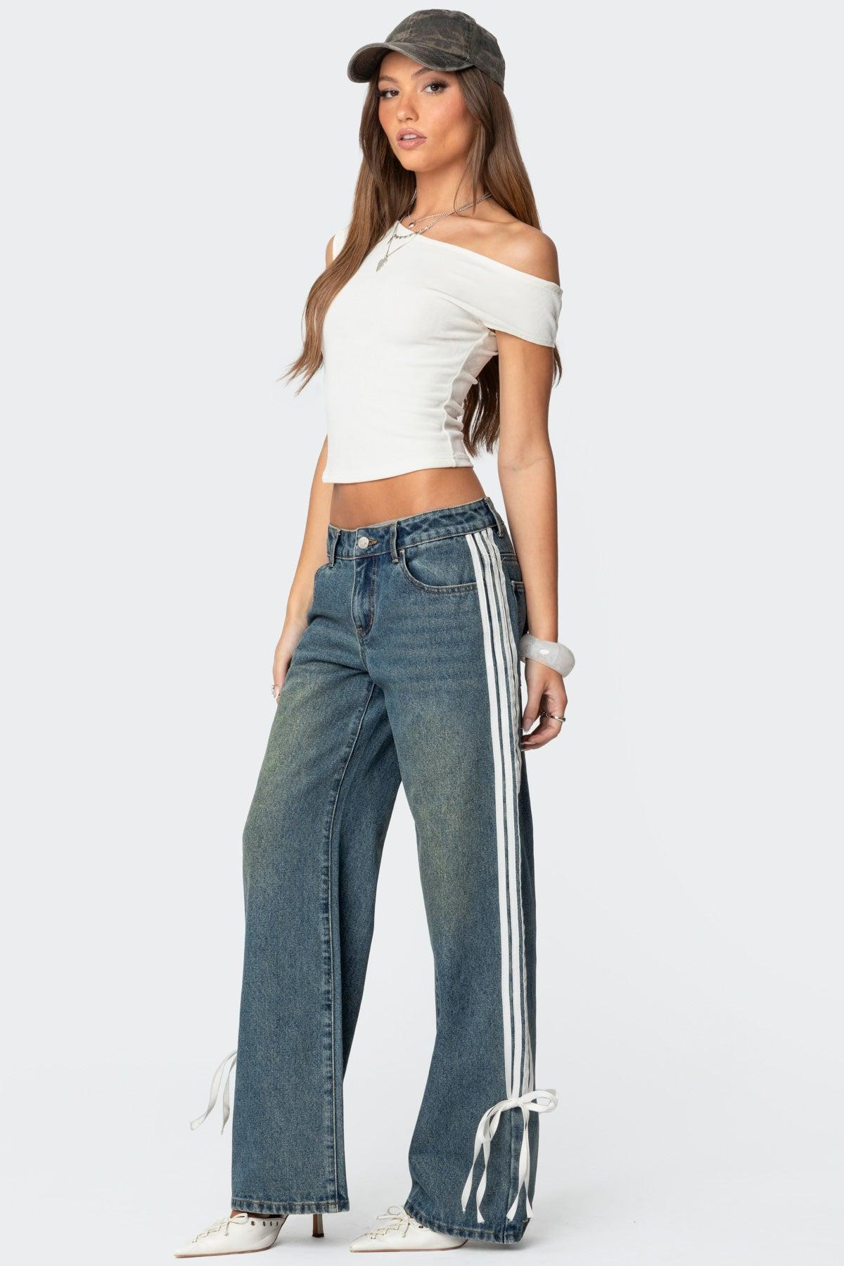 Washed Low Rise Ribbon Jeans Product Image