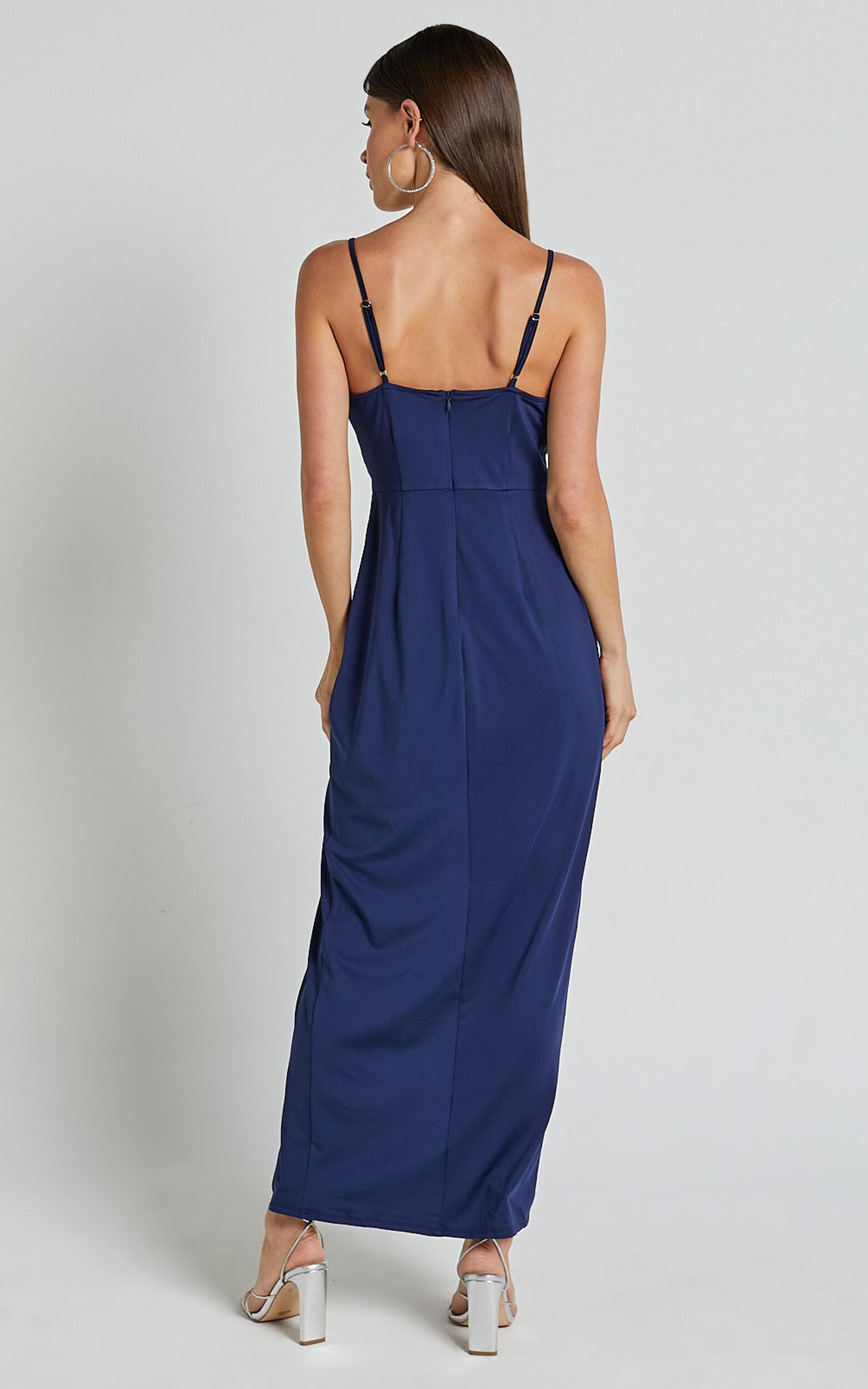 Dominique Midi Dress - V Neck Twist Front Jersey Dress in Navy Product Image