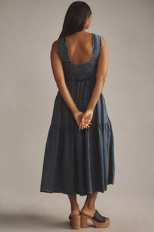 The Helena Square-Neck Tiered Midi Dress: Smocked Denim Edition Product Image