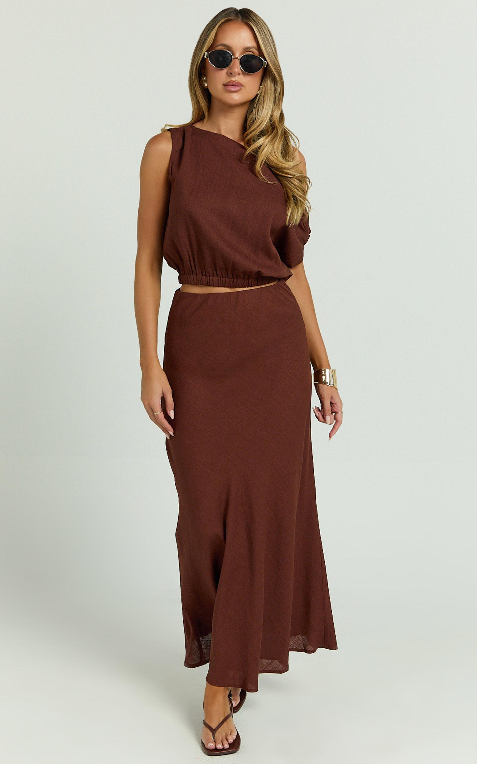 Collins Midi Skirt - Linen Look High Waisted Linen Look Bias Slip Skirt in Chocolate Product Image