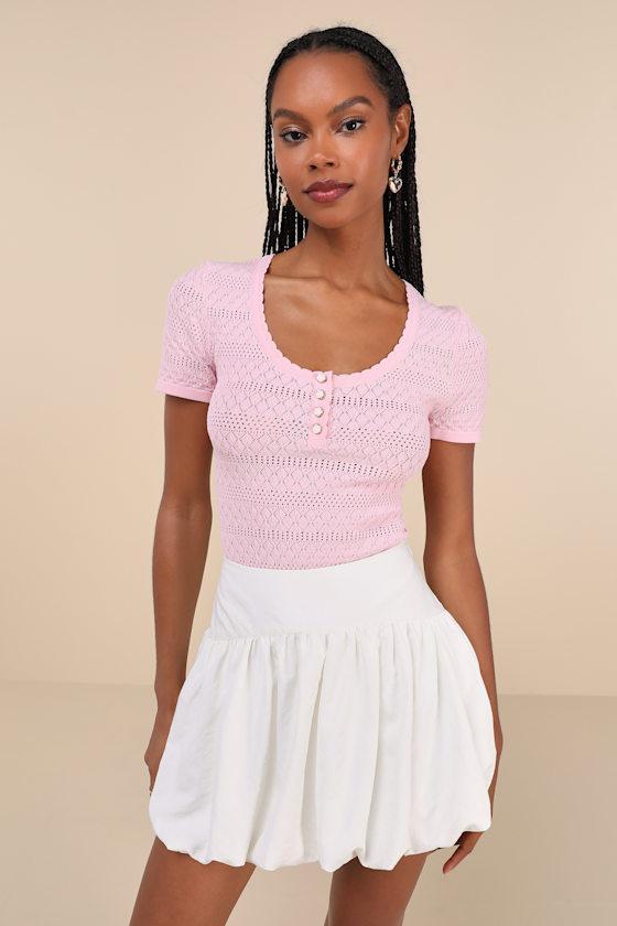 Cutest Example Light Pink Pointelle Knit Short Sleeve Henley Top Product Image