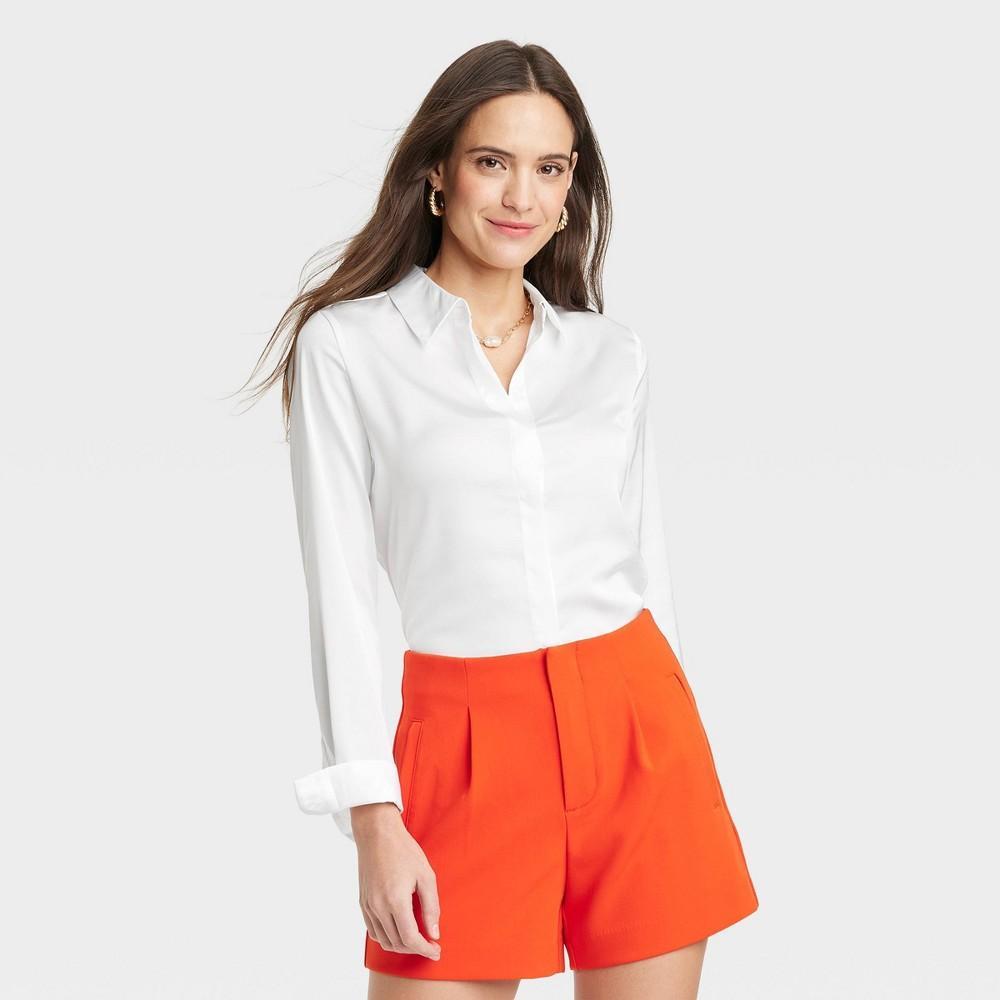 Womens Slim Fit Long Sleeve Satin Button-Down Shirt - A New Day White Product Image