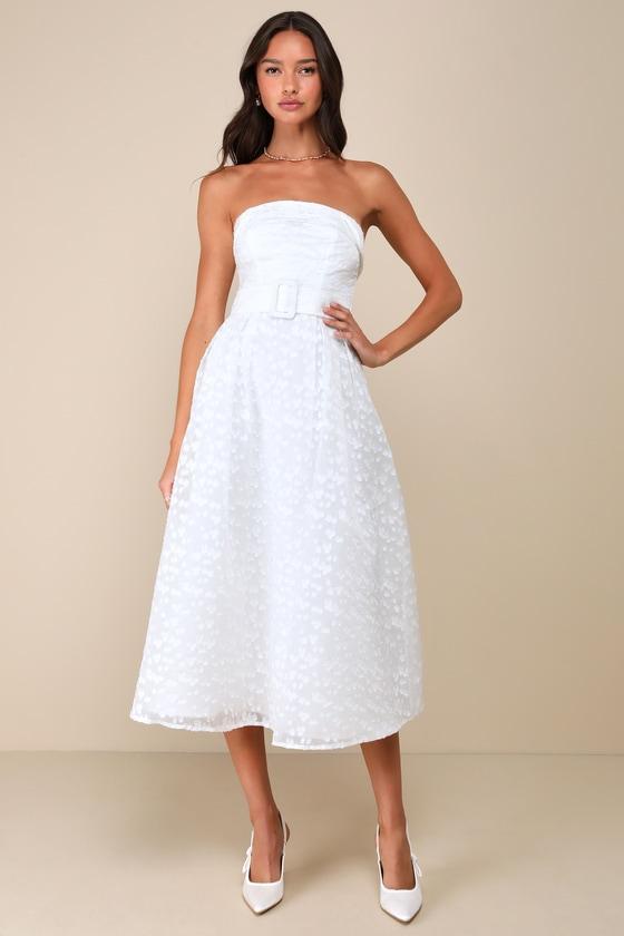 Enviable Grace White Burnout Strapless Belted Midi Dress Product Image