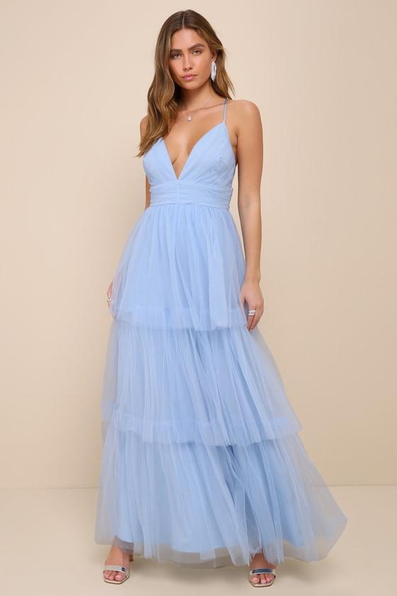 Charming Glamour Light Blue Tulle Sleeveless Tiered Maxi Dress Product Image