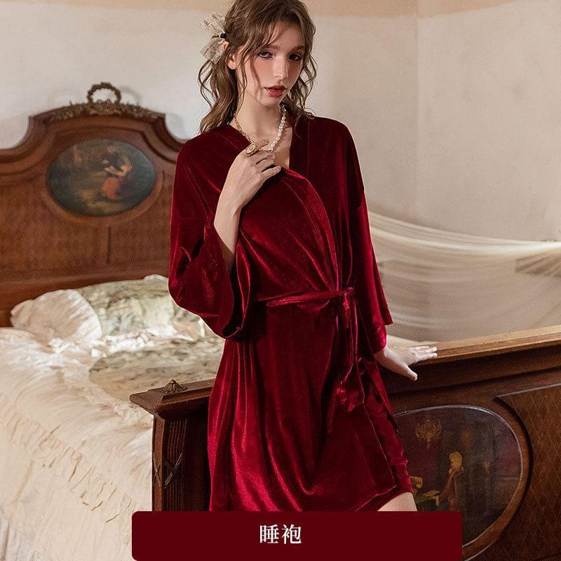 Contrast Trim Velvet Slip Dress / Plain Robe / Sash / Set Product Image