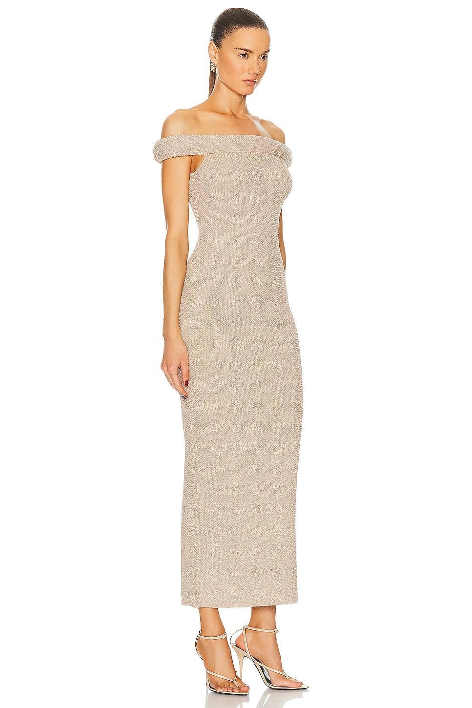 Toteme Off Shoulder Roll Knit Dress in Frost - Beige. Size XS (also in ). Product Image