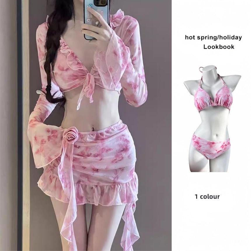 Set: Halter Floral Print Bikini + V-Neck Ruffle Cover Up Jacket + Cover Up Skirt Product Image