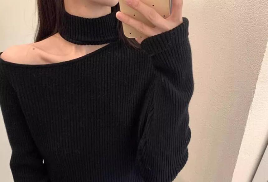 Cold Shoulder Mock Neck Plain Sweater Product Image