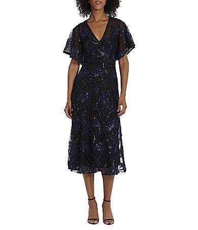 Maggy London Sequin V Neckline Short Flutter Sleeve Midi Dress Product Image