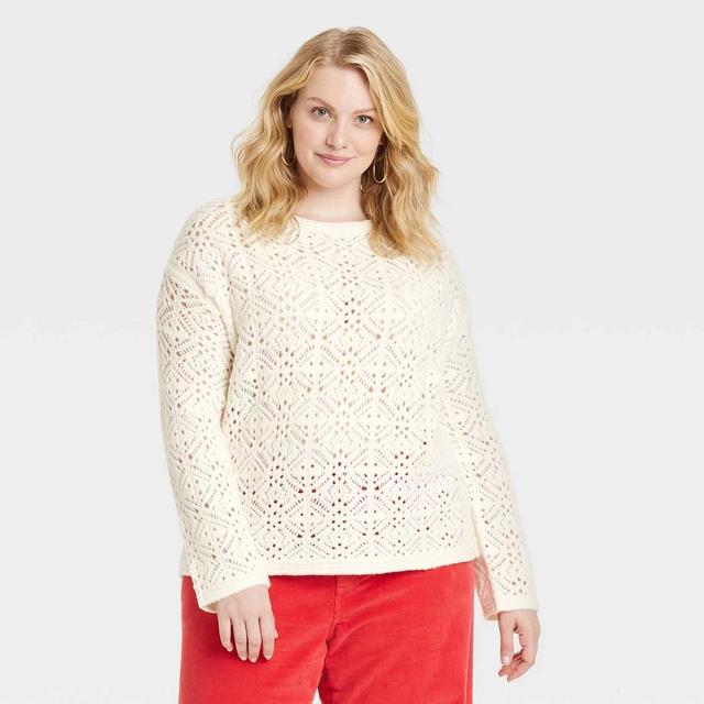 Womens Boat Neck Openwork Pullover Sweater - Universal Thread Cream 2X Product Image