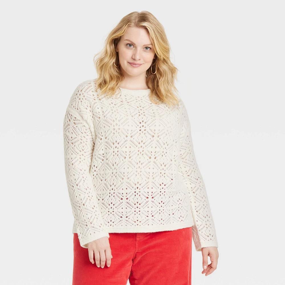 Womens Boat Neck Openwork Pullover Sweater - Universal Thread Cream 3X Product Image