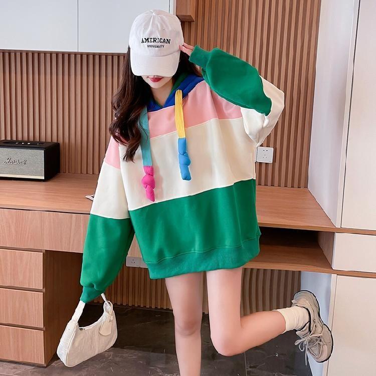 Color Block Drawstring Oversized Hoodie Product Image