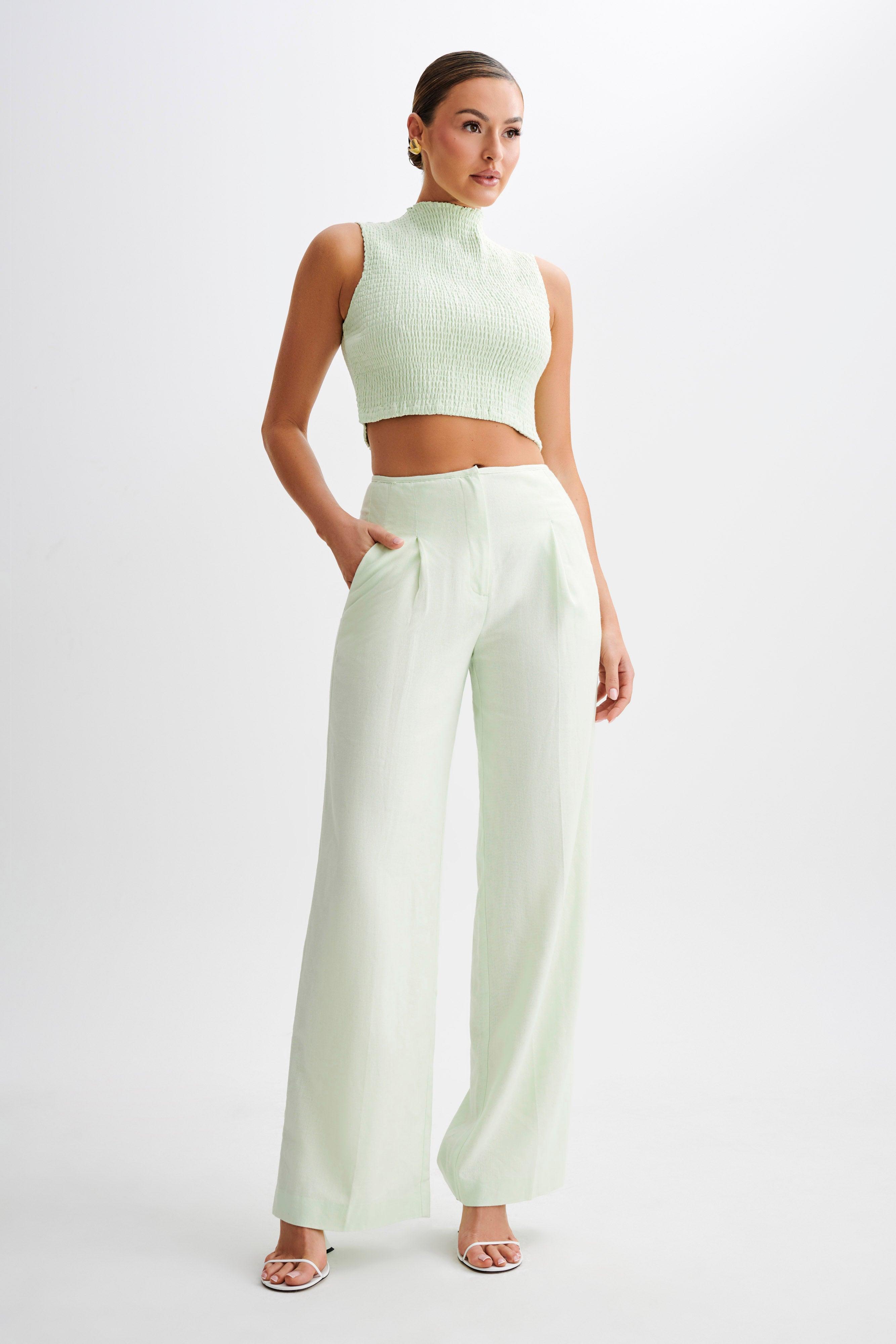 Emanuelle Sleeveless Linen Shirring Top - Mint Product Image