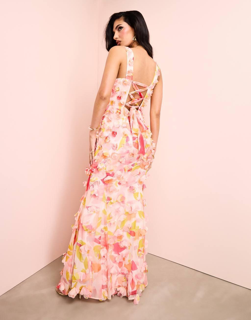 ASOS LUXE 3D floral ruffle maxi dress with tie back in floral print Product Image