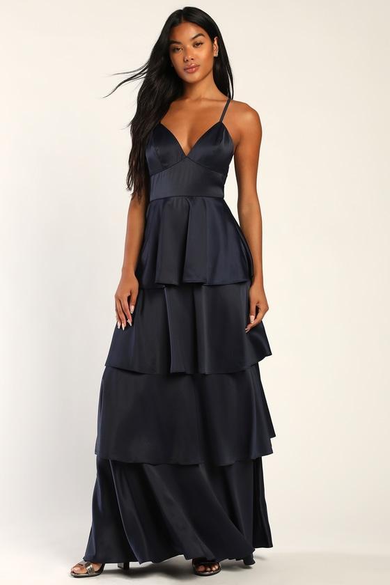 Going with Elegance Navy Blue Satin Tiered Gown product image