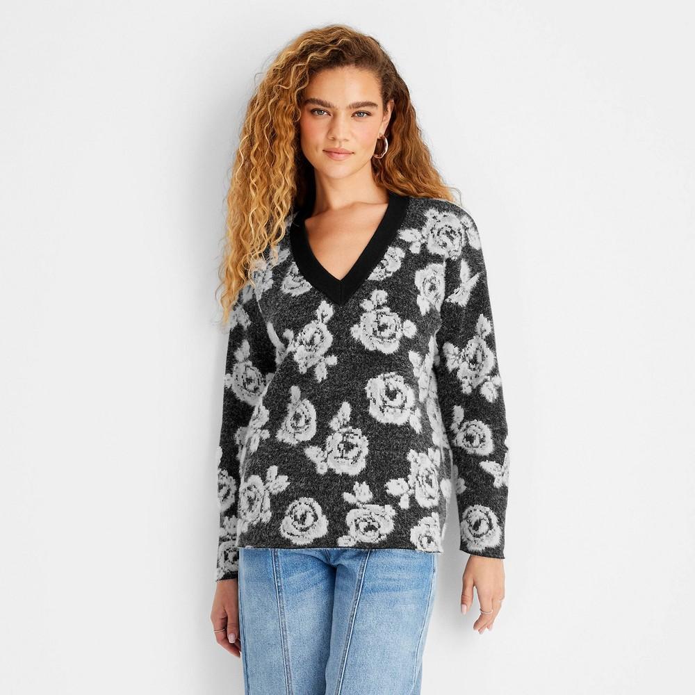 Womens V-Neck Rose Print Sweater - Future Collective Black Floral Product Image