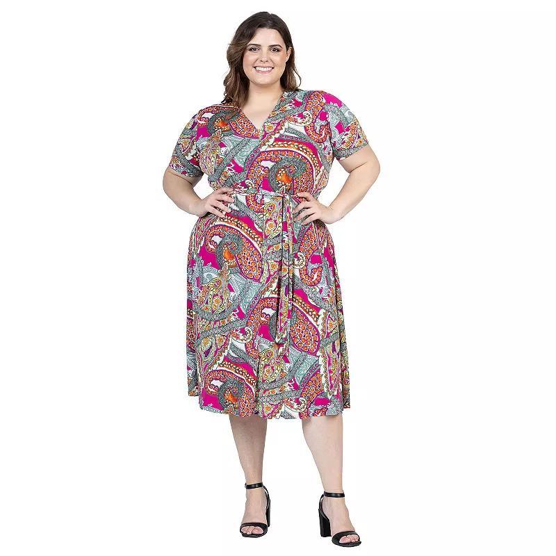 Plus Size 24Seven Comfort Short Sleeve Tie Waist Midi Dress, Womens Product Image