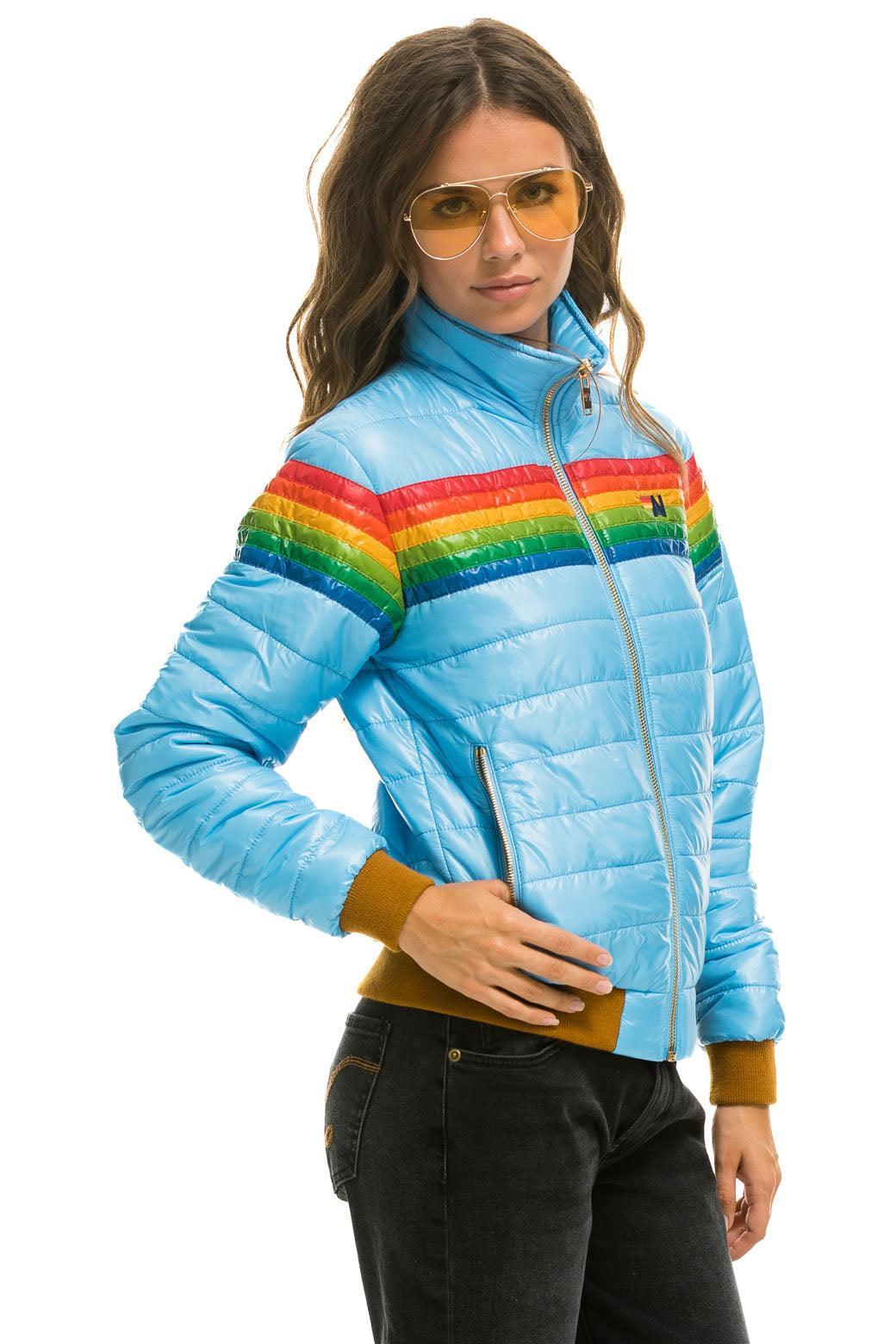 6 STRIPE RAINBOW SLEEVE JACKET -  GLOSSY SKY Female Product Image