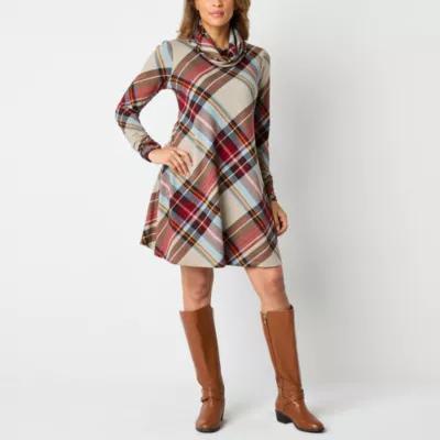 R & K Originals Womens Long Sleeve Plaid Shift Dress Product Image