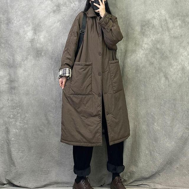 Collared Plain Padded Button-Up Long Coat Product Image