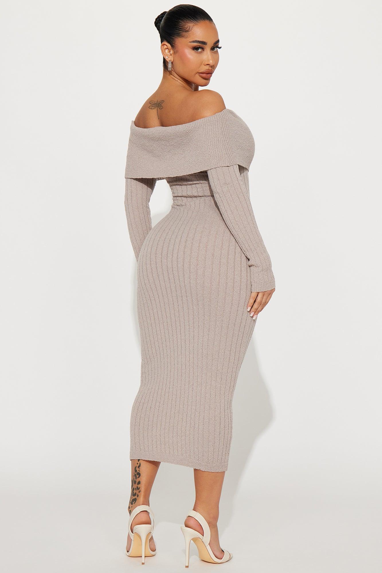 Kassy Off Shoulder Midi Dress - Taupe Product Image