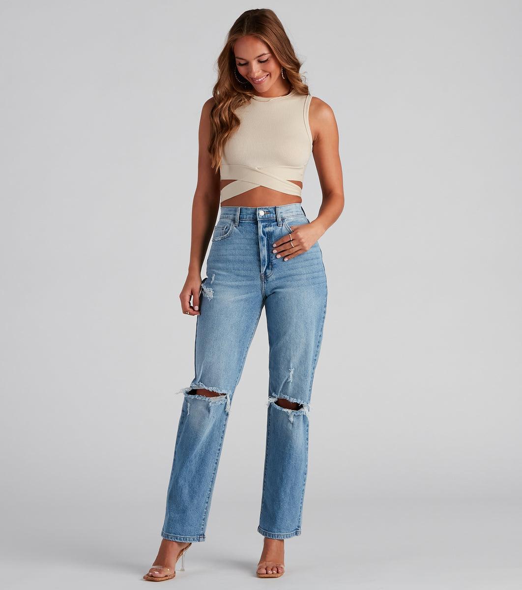 High-Rise Distressed Boyfriend Jeans Product Image