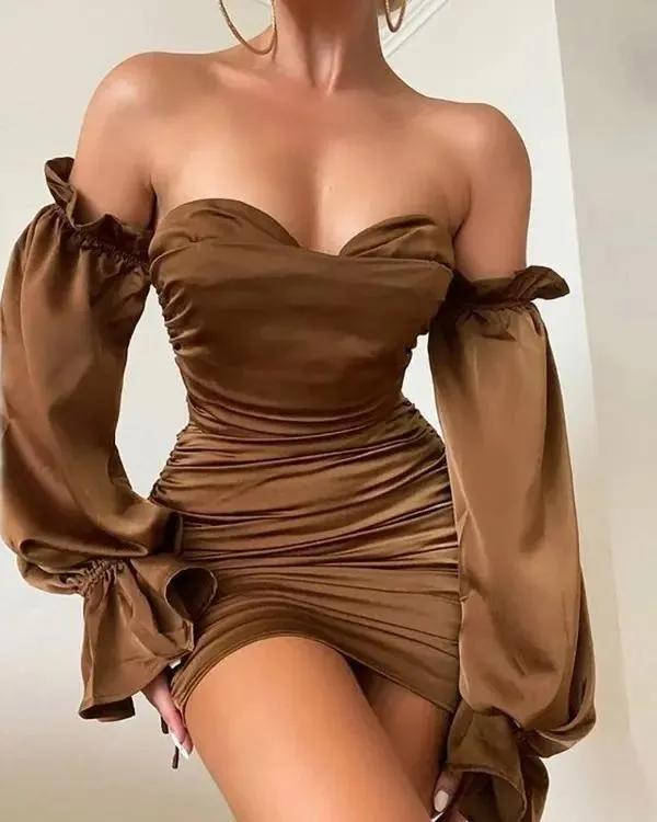 Olivia Mark – Off-the-shoulder ruched satin gown Product Image