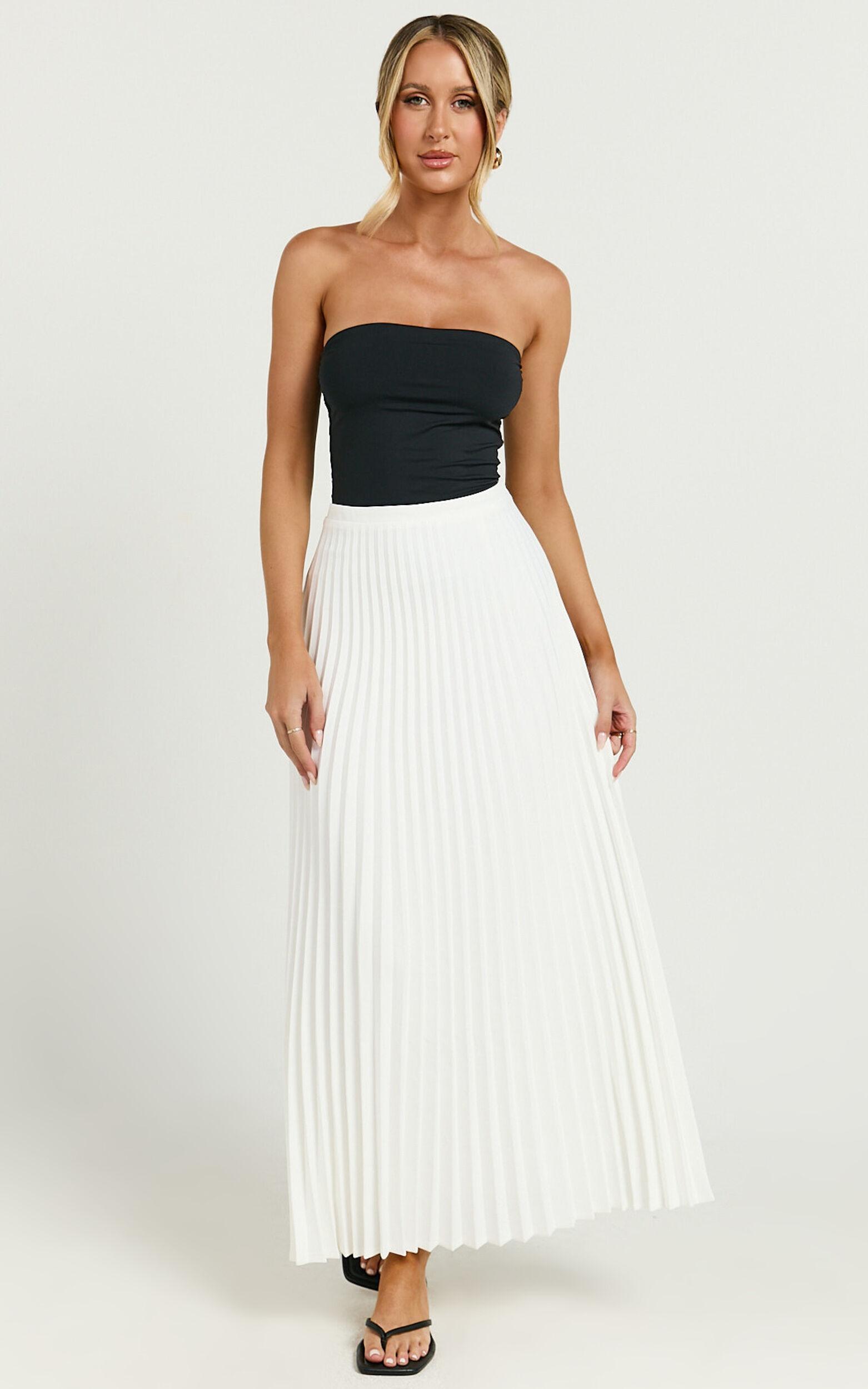 Harlee Midi Skirt - Pleated High Waist A Line Skirt in White Product Image