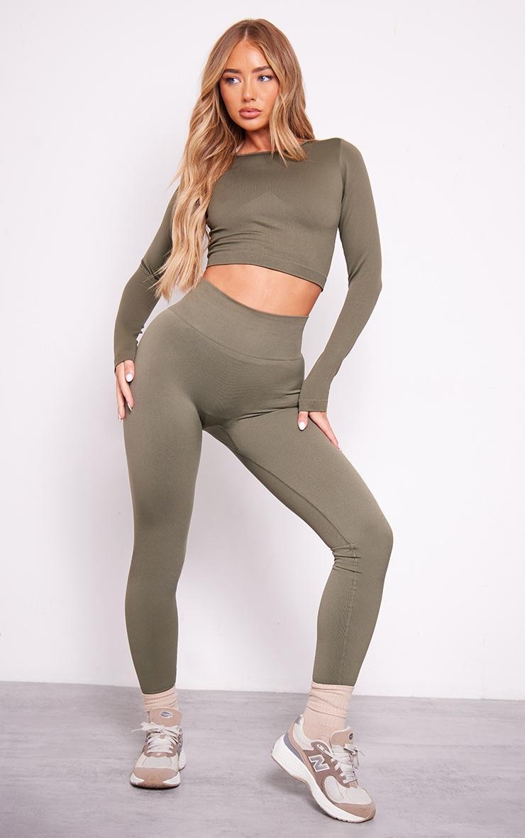 Olive Seamless Long Sleeve Cropped Gym Top Product Image