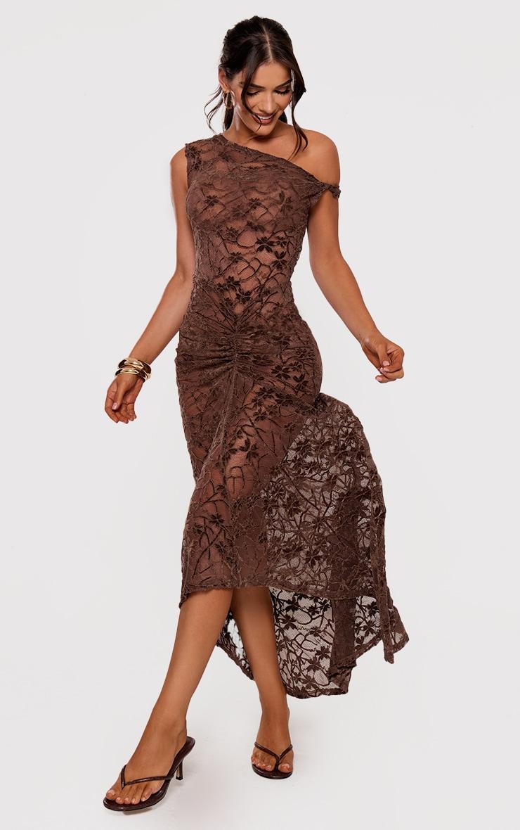 Brown Lace Off The Shoulder Ruched Maxi Dress Product Image