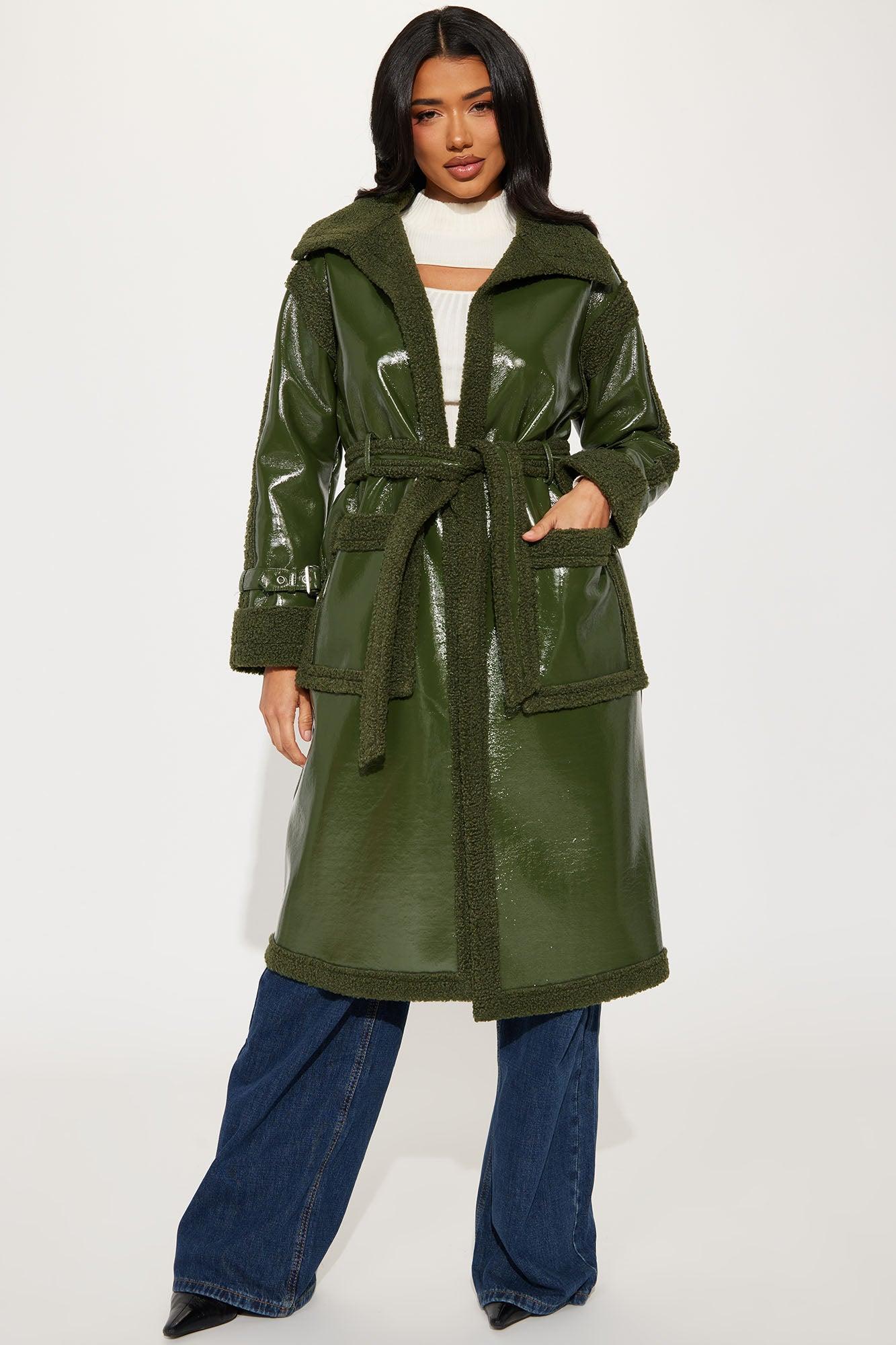 Bad Ideas Shearling Trench Coat - Olive Product Image