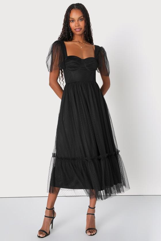 Dreamy Celebration Black Tulle Bustier Swiss Dot Midi Dress Product Image