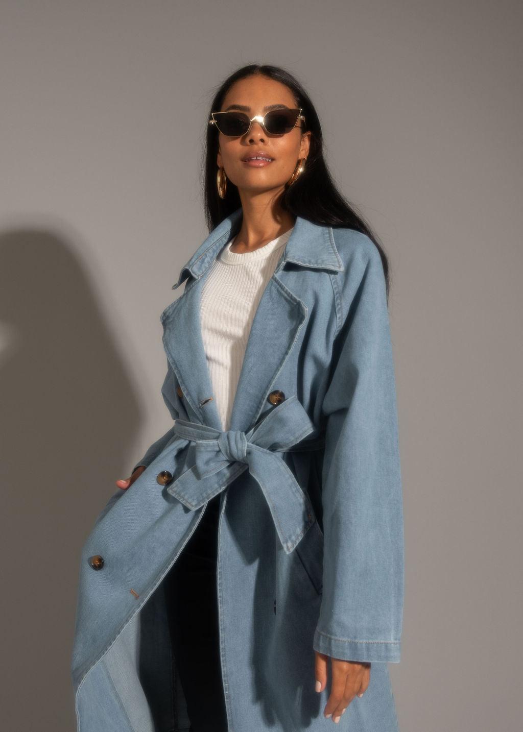 Cassis Light Wash Denim Trench Coat Product Image