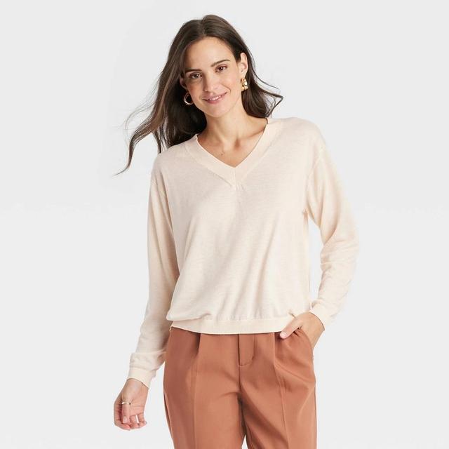 Womens Fine Gauge V-Neck Pullover Sweater - A New Day Cream M Product Image