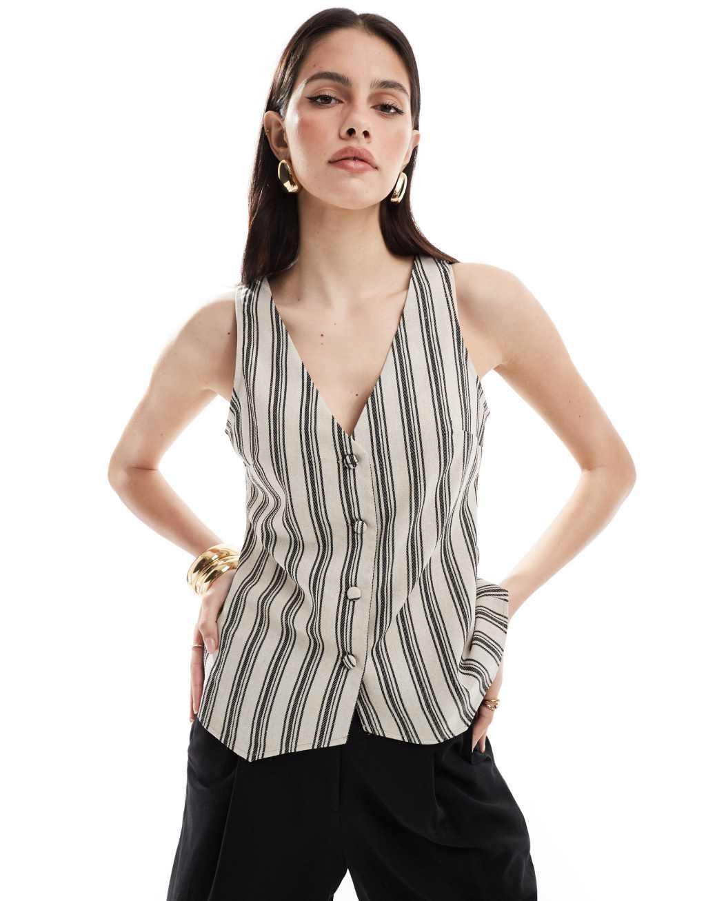 ASOS DESIGN V neck button front linen mix vest in stripe Product Image